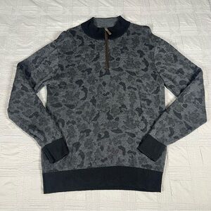 Orvis Sweater 1/4 Zip Pullover Mens Large Merino Wool Black Camo Camouflage
